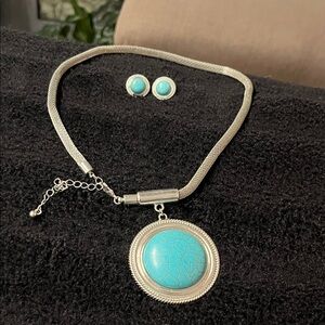 Silver-Tone Turquoise Necklace Set – Mesh Choker + Matching Earrings